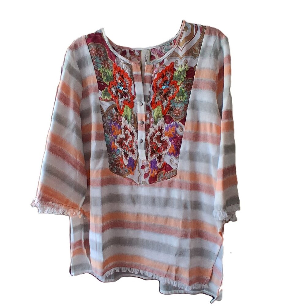 Aratta 51st Ave Shirt Top Embroidered Beaded Floral Striped Boho NWT sz L